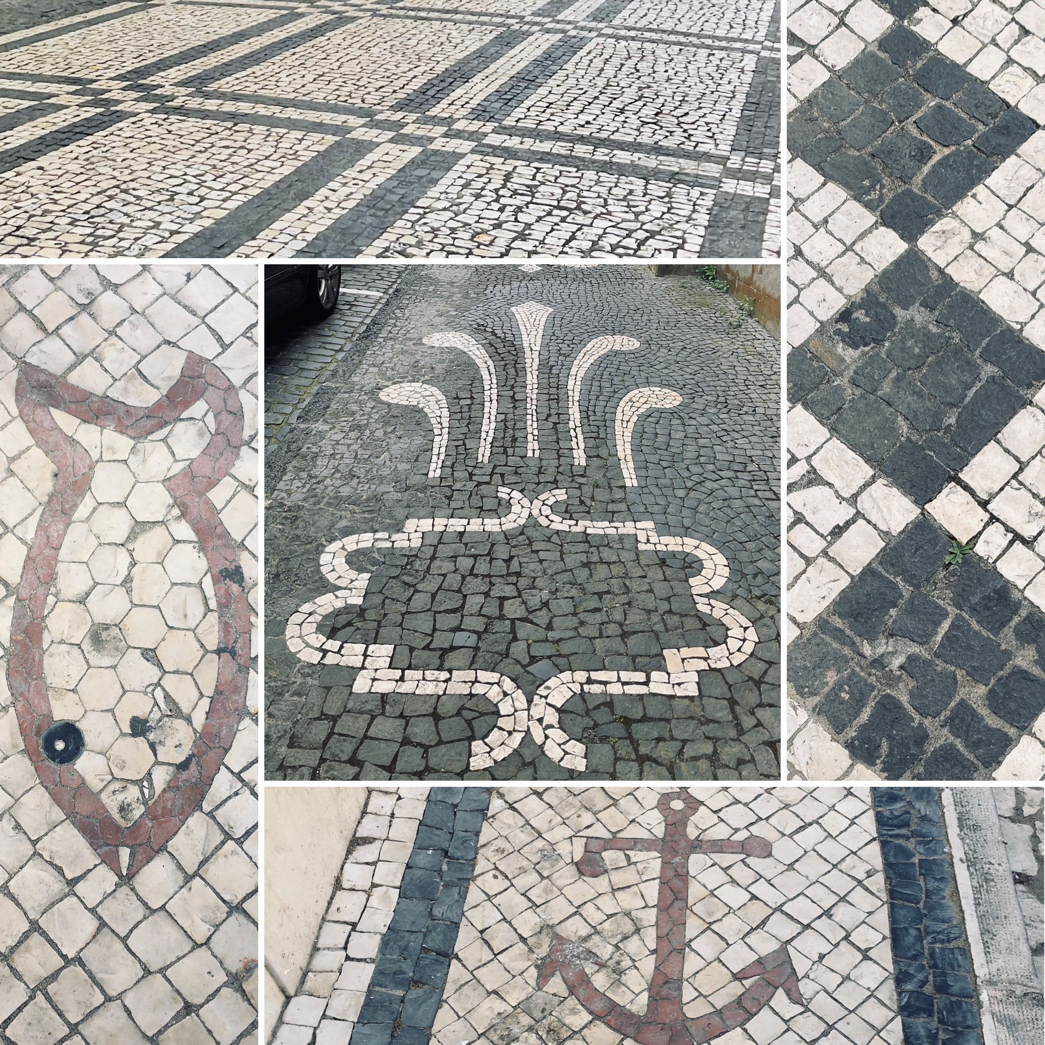 Patterns made from (mostly) squares of contrasting stones in the pavement of Portugal.